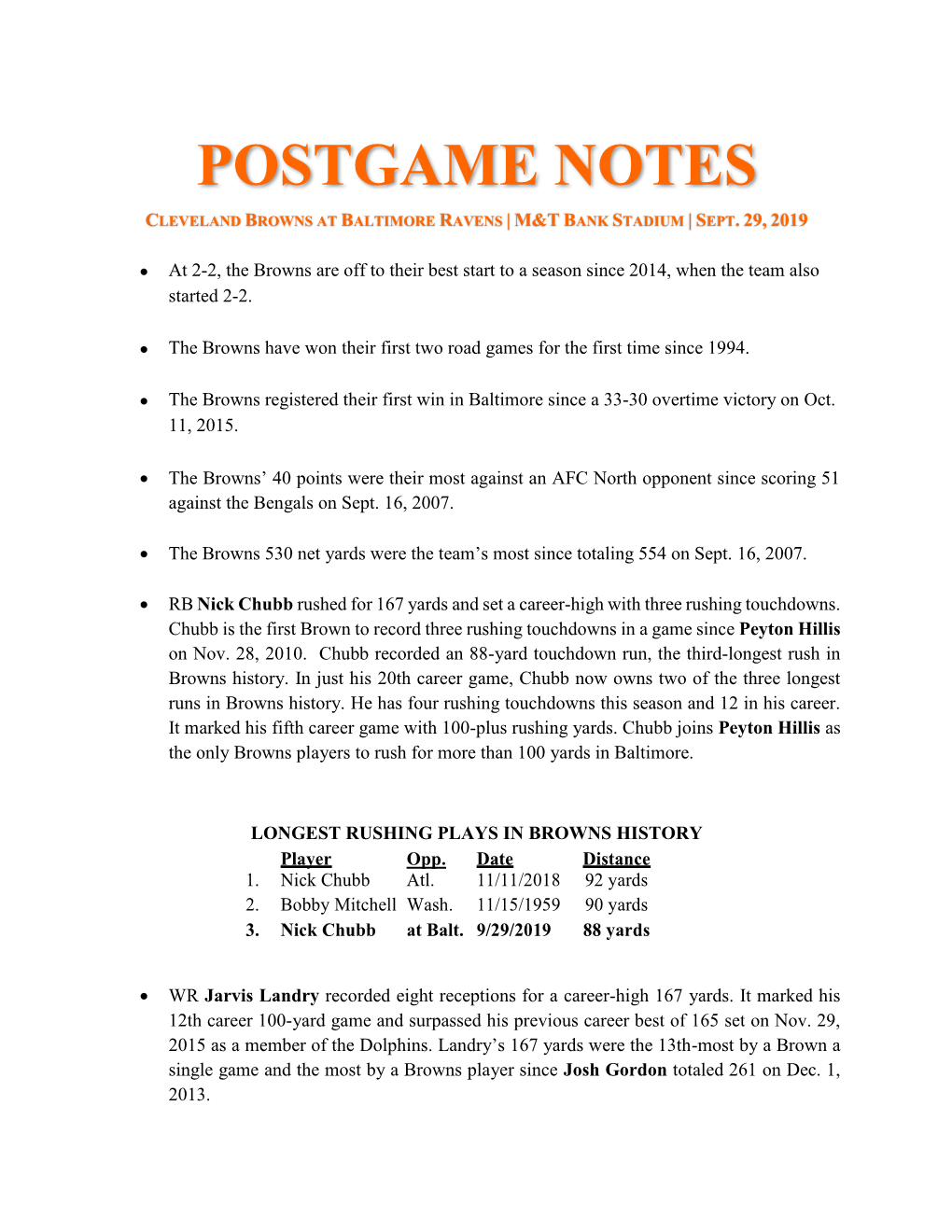 Postgame Notes Cleveland Browns at Baltimore Ravens | M&T Bank Stadium | Sept