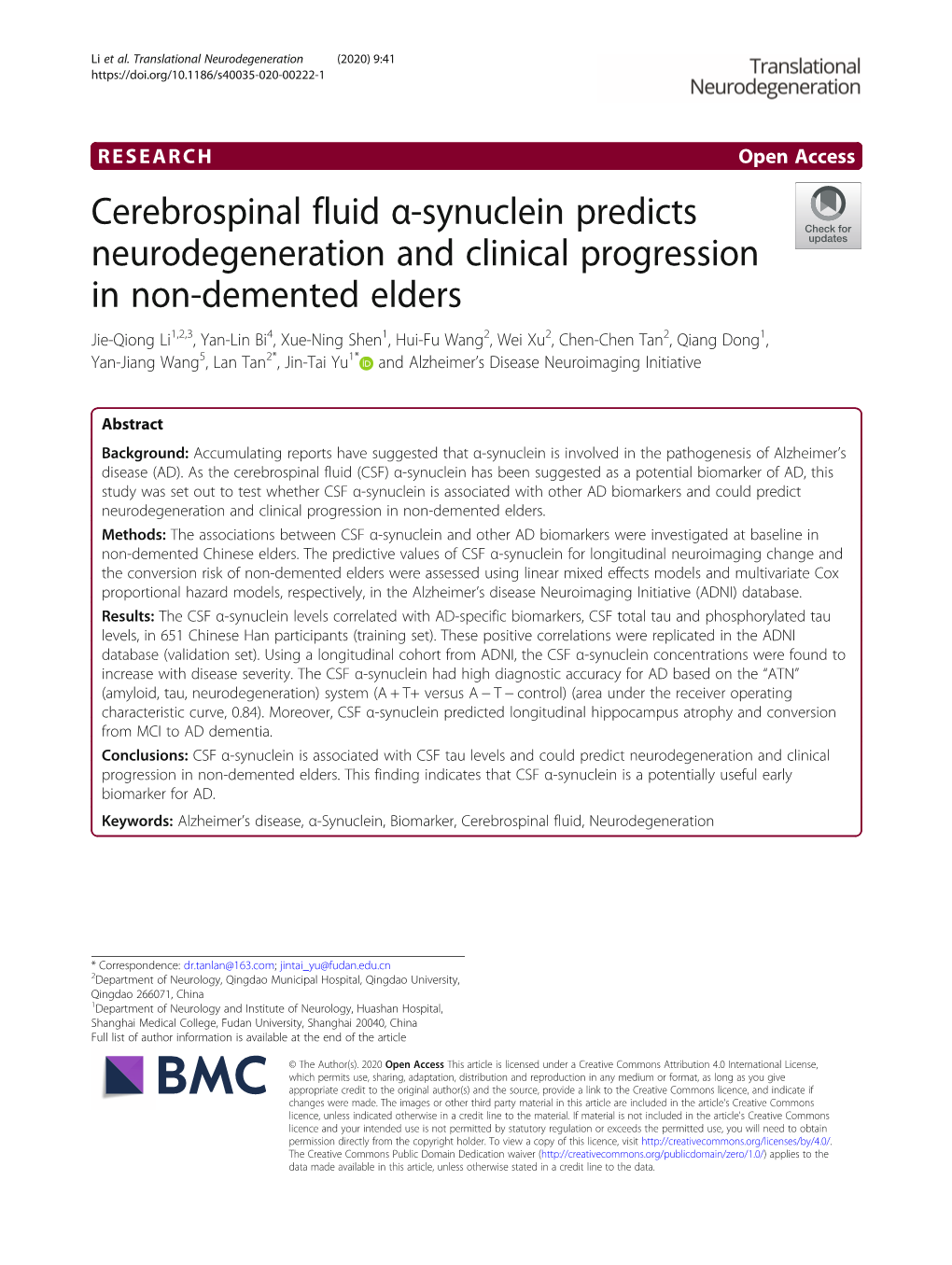 Cerebrospinal Fluid Α-Synuclein Predicts Neurodegeneration and Clinical Progression in Non-Demented Elders