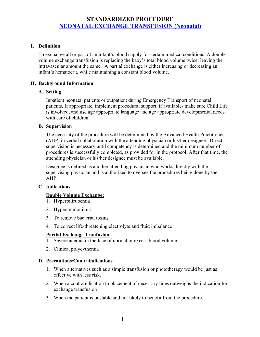 STANDARDIZED PROCEDURE NEONATAL EXCHANGE TRANSFUSION (Neonatal)