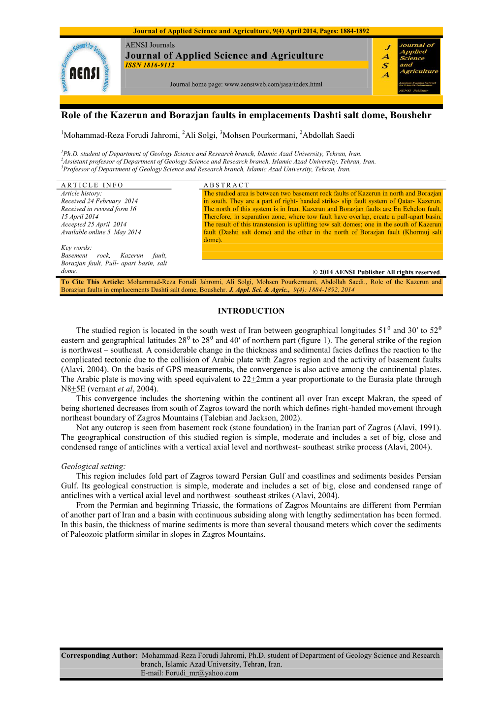 1884-1892 AENSI Journals Journal of Applied Science and Agriculture ISSN 1816-9112