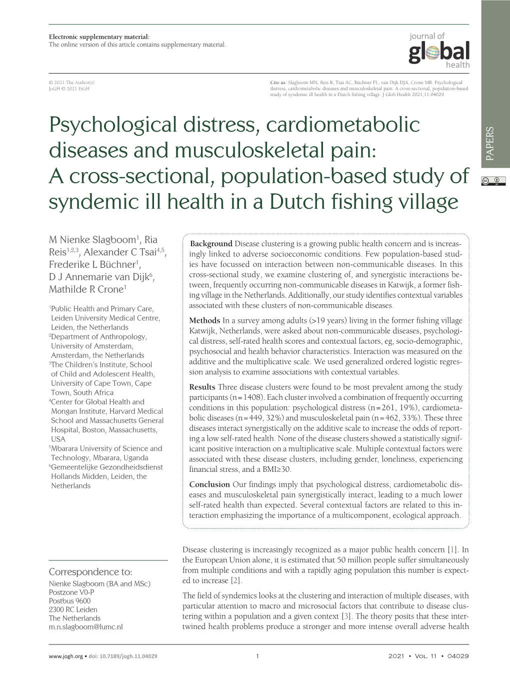 Psychological Distress, Cardiometabolic Diseases and Musculoskeletal Pain