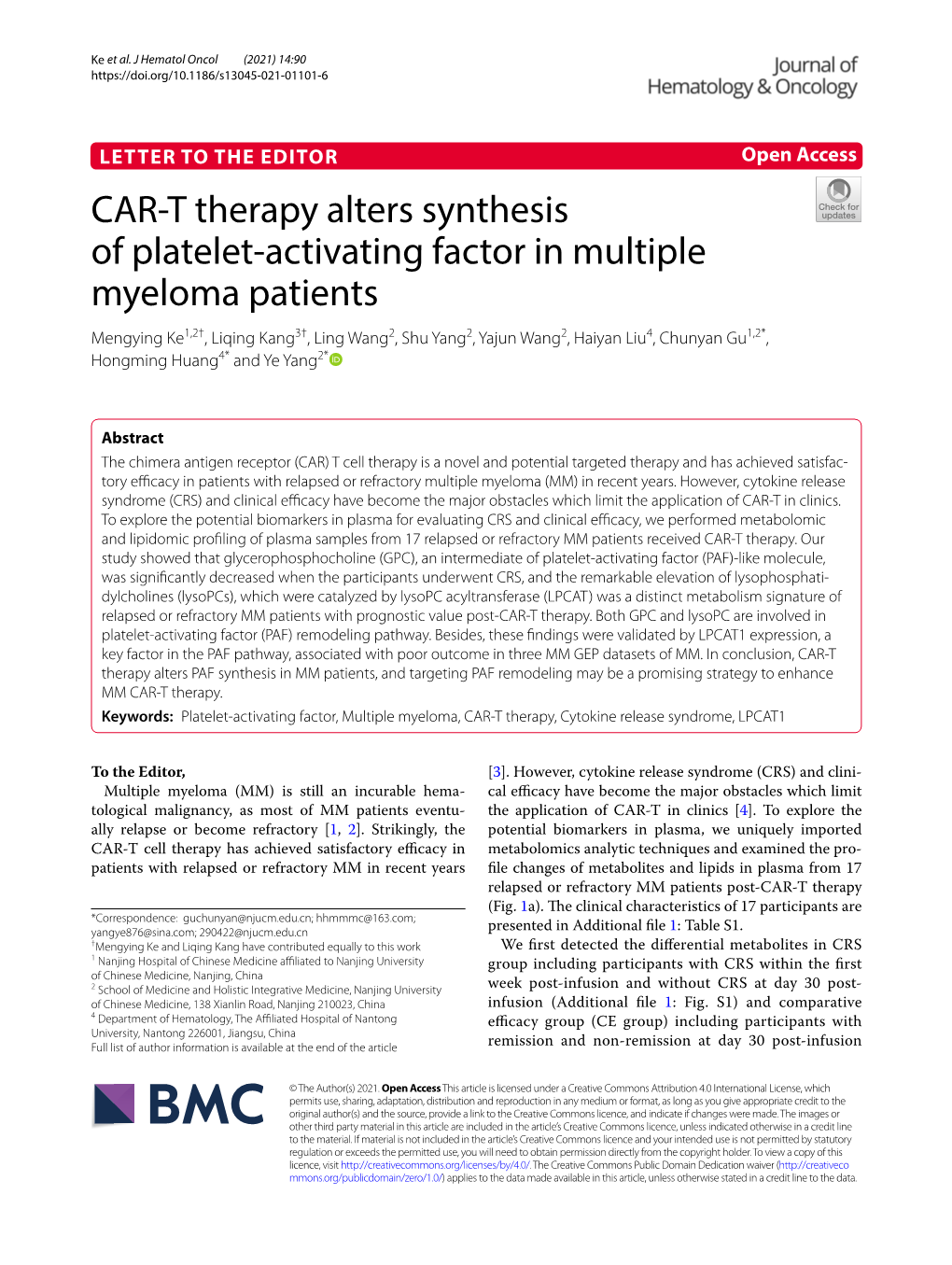 CAR-T Therapy Alters Synthesis of Platelet-Activating Factor in Multiple