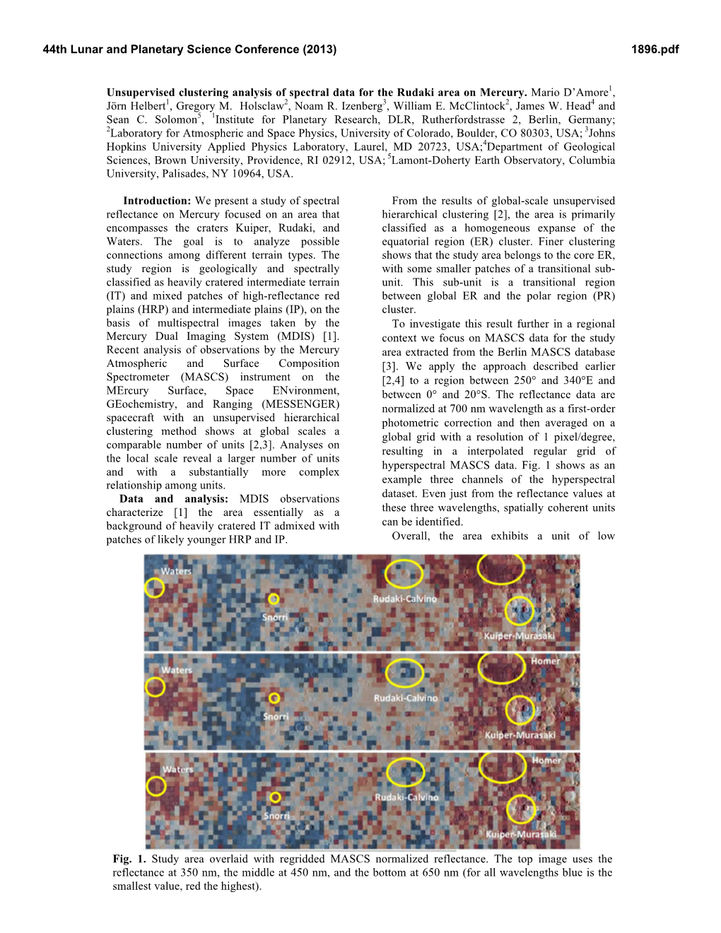 Unsupervised Clustering Analysis of Spectral Data for the Rudaki Area on Mercury