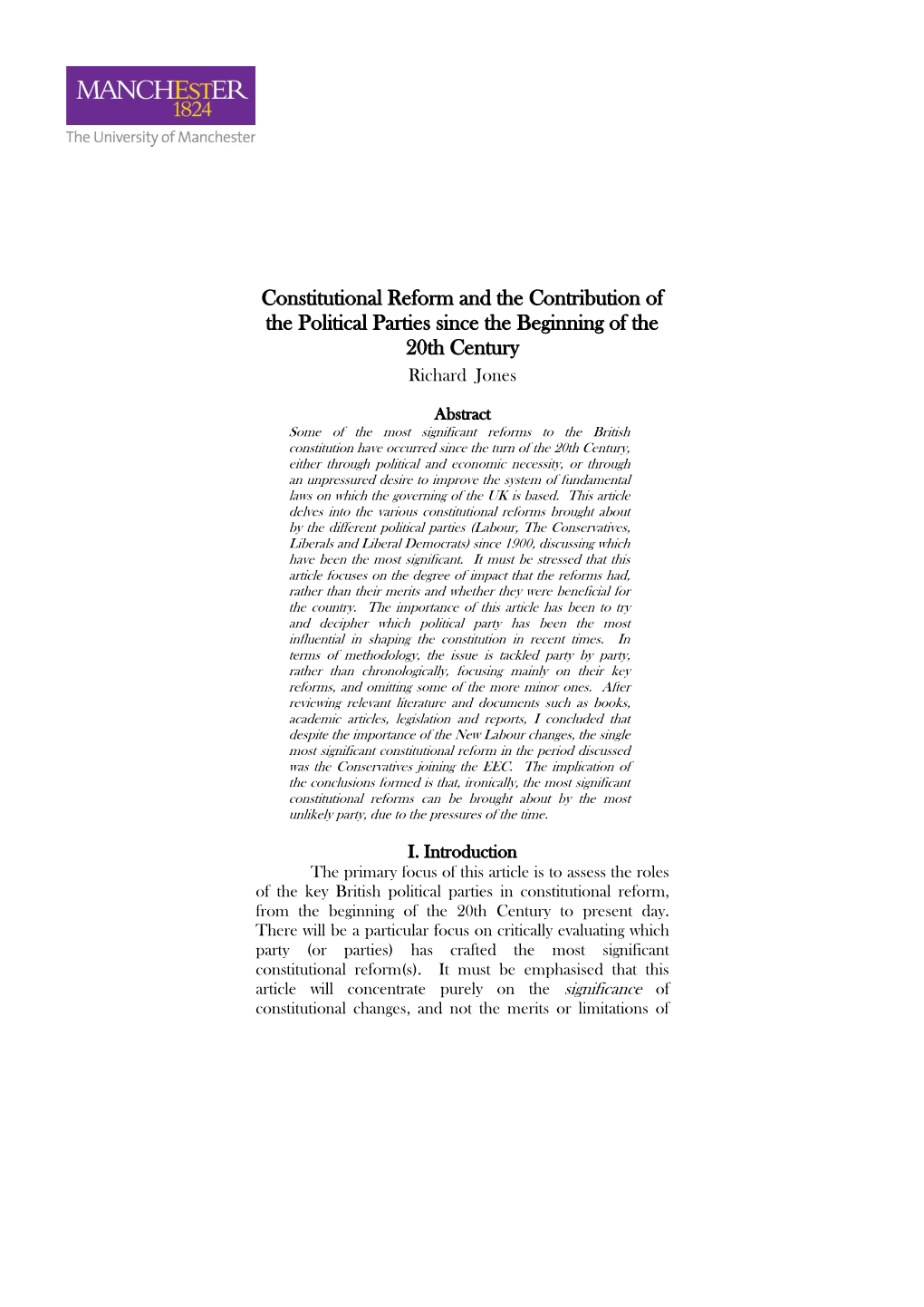 Constitutional Reform and the Contribution of the Political Parties Since the Beginning of the 20Th Century Richard Jones