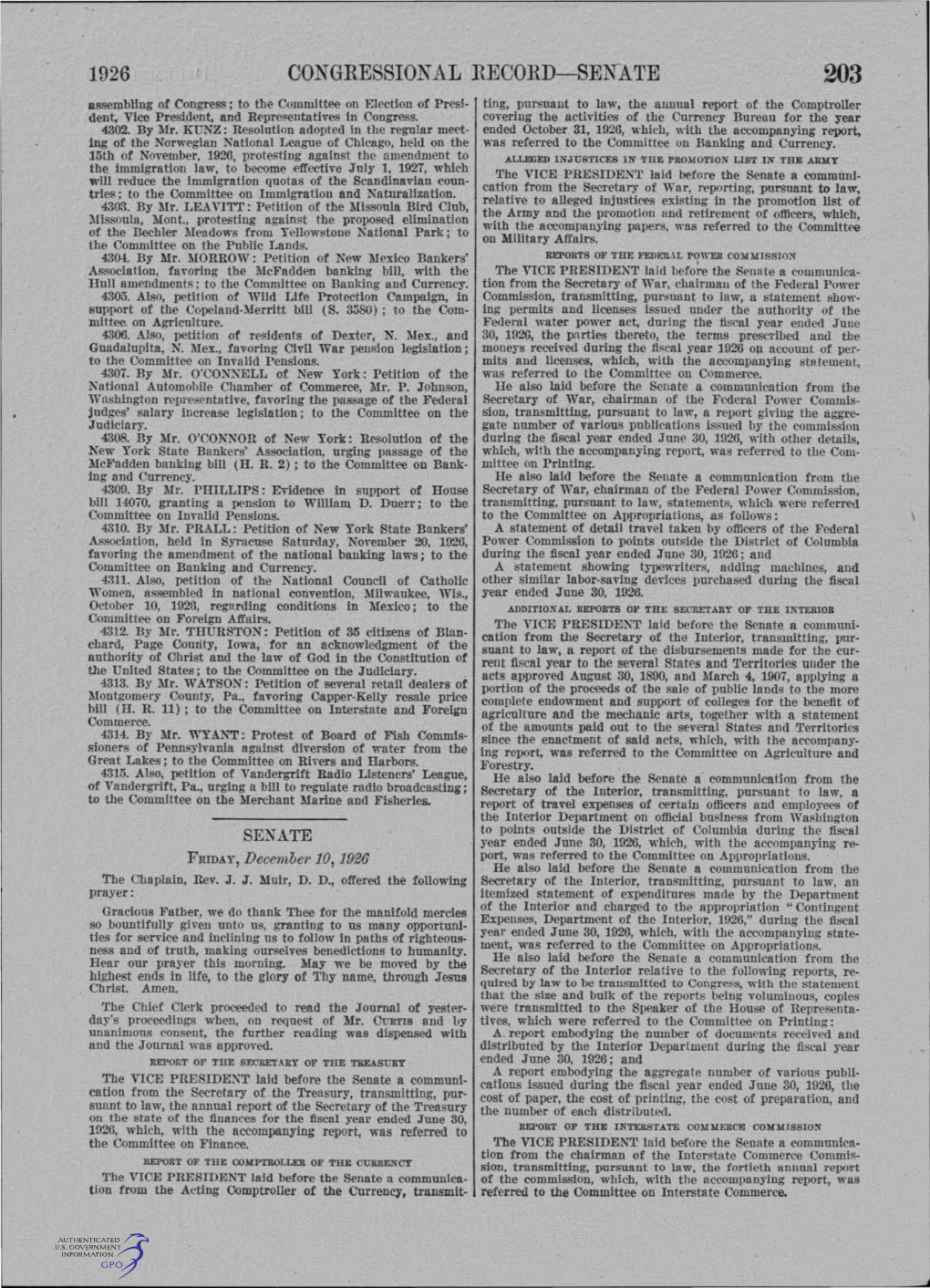 1926 Congressional Record-Sen