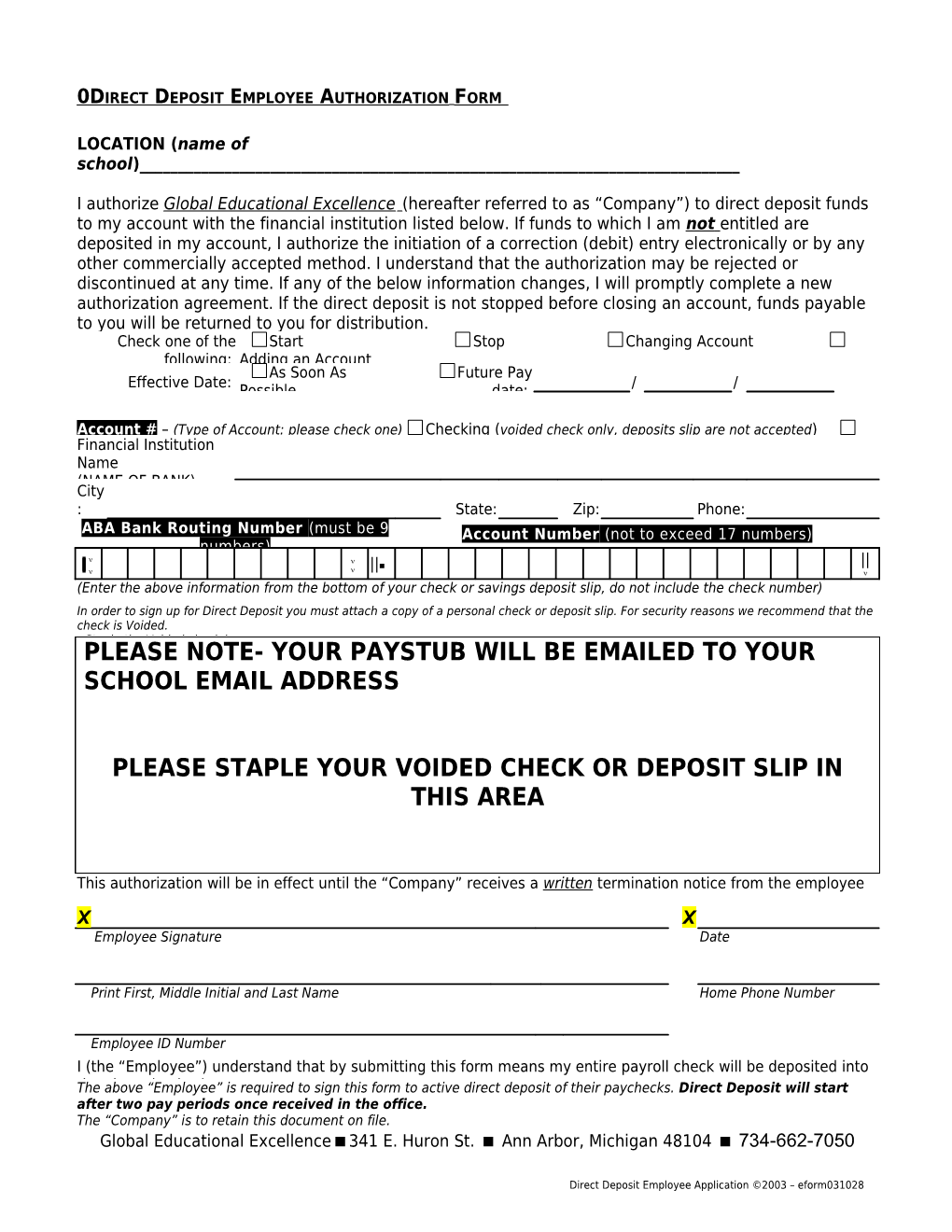 Sample - Direct Deposit Employee Authorization Form