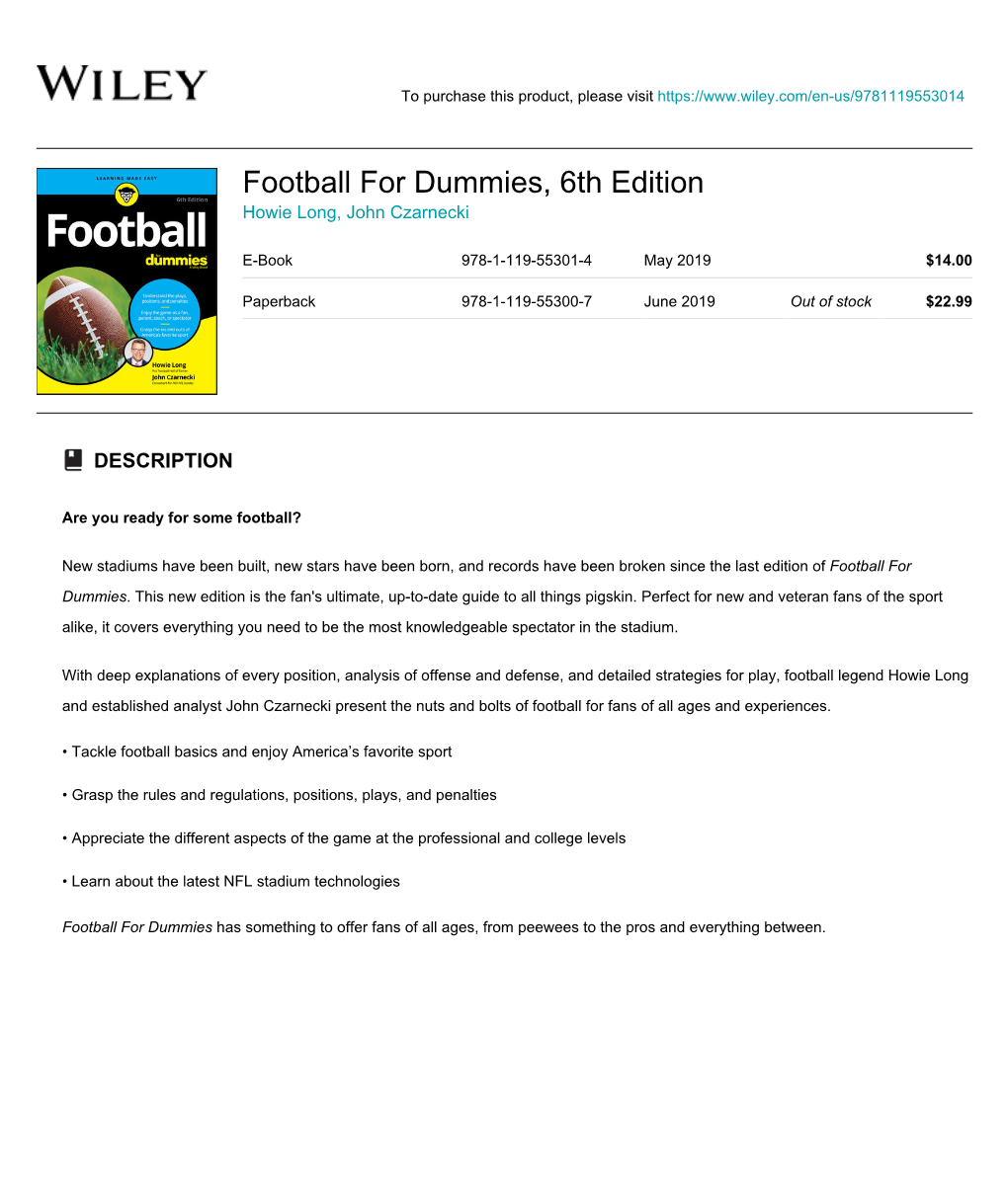 Football for Dummies, 6Th Edition Howie Long, John Czarnecki