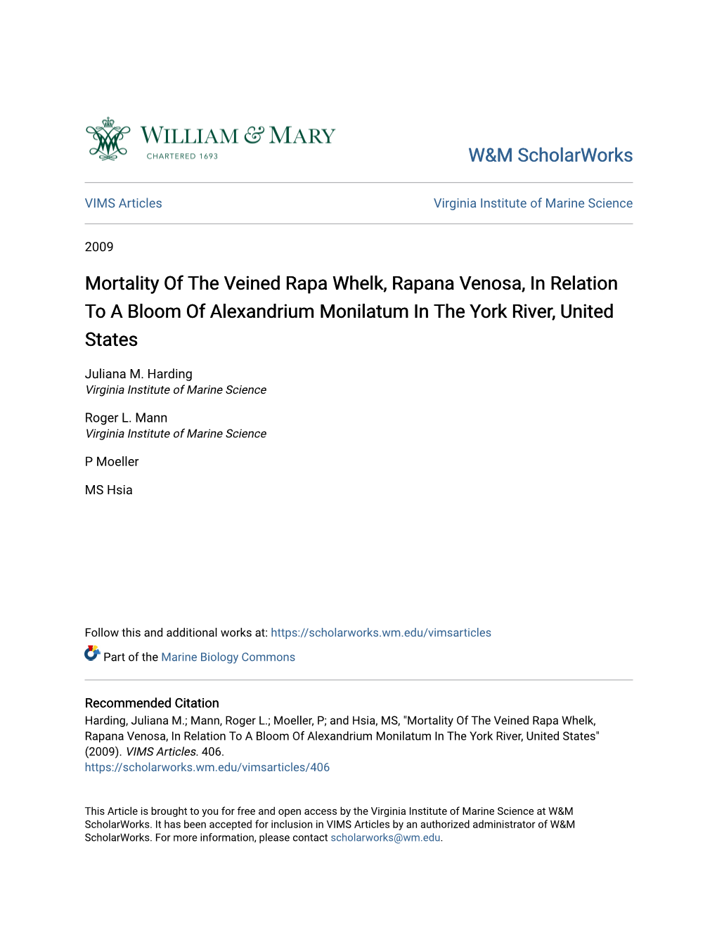 Mortality of the Veined Rapa Whelk, Rapana Venosa, in Relation to a Bloom of Alexandrium Monilatum in the York River, United States