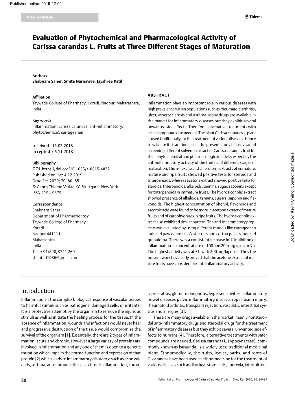 Evaluation of Phytochemical and Pharmacological Activity of Carissa Carandas L