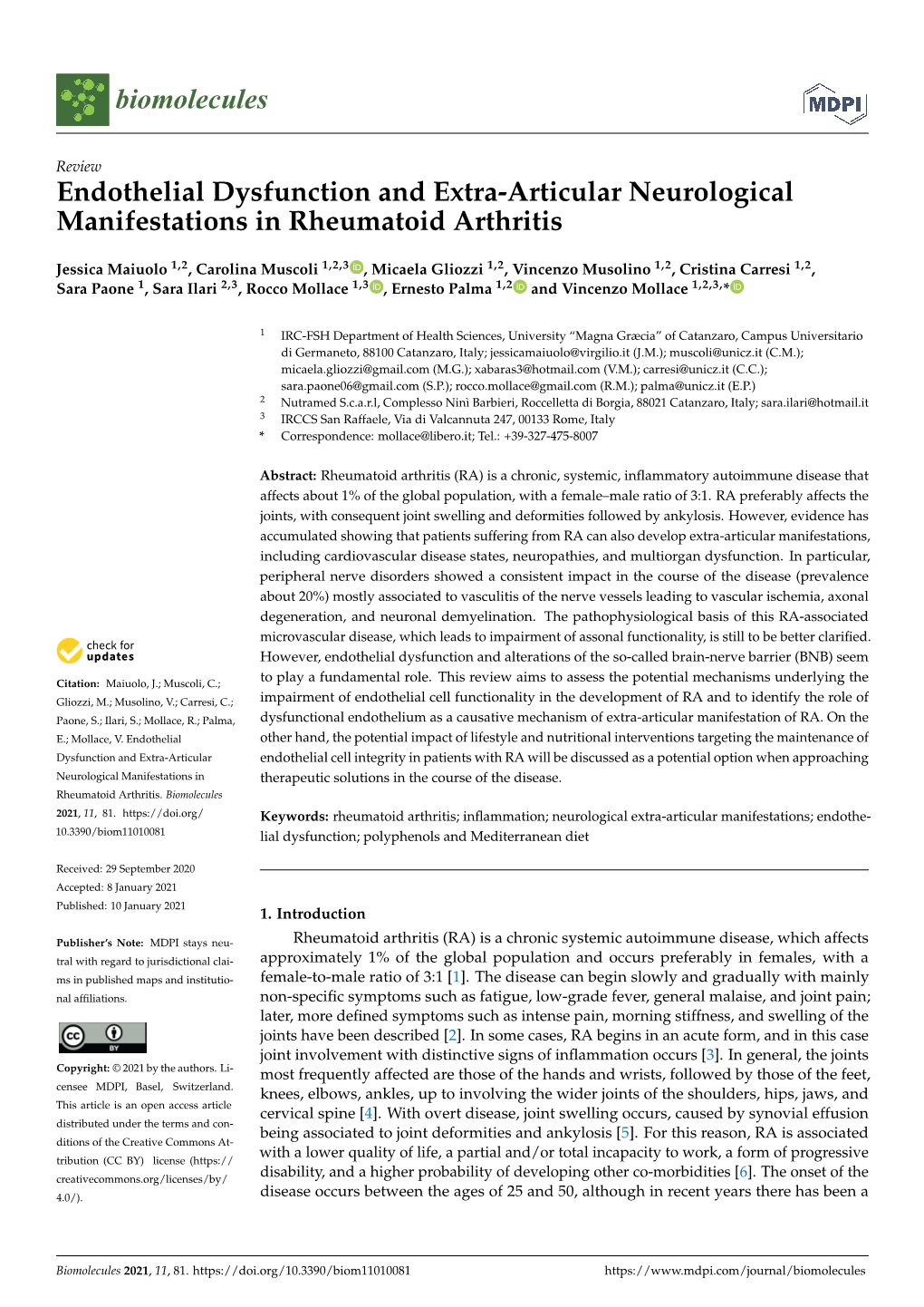 Endothelial Dysfunction and Extra-Articular Neurological Manifestations in Rheumatoid Arthritis