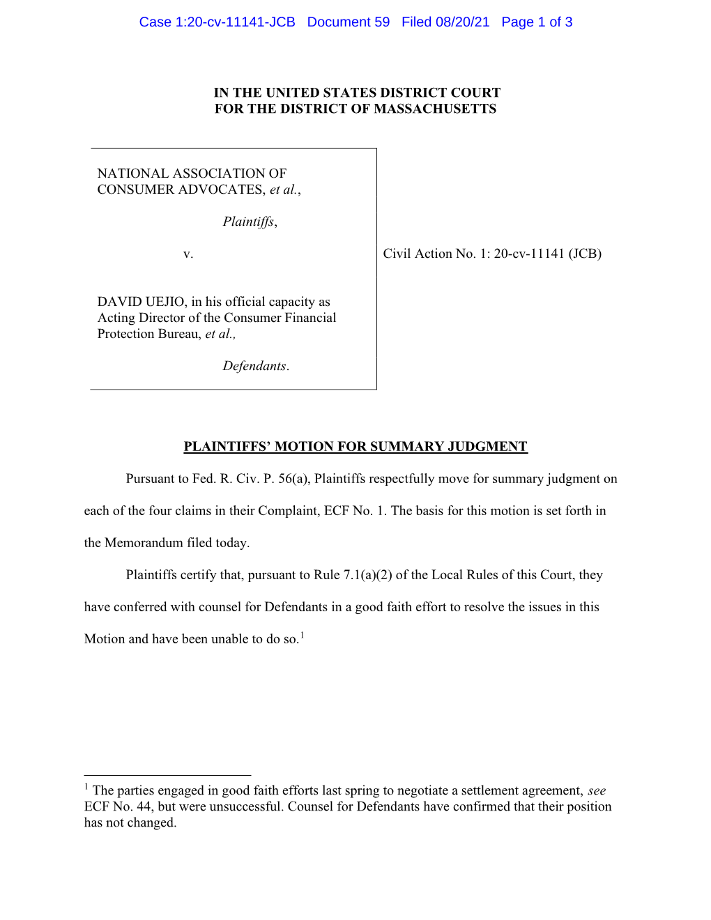 Case 1:20-Cv-11141-JCB Document 59 Filed 08/20/21 Page 1 of 3
