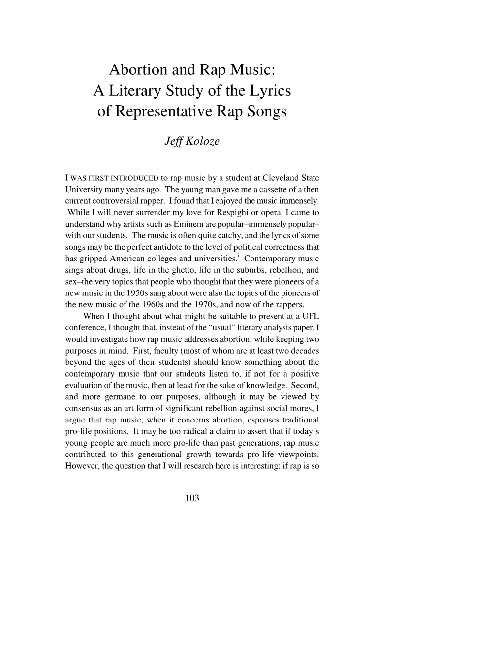 Abortion and Rap Music: a Literary Study of the Lyrics of Representative Rap Songs