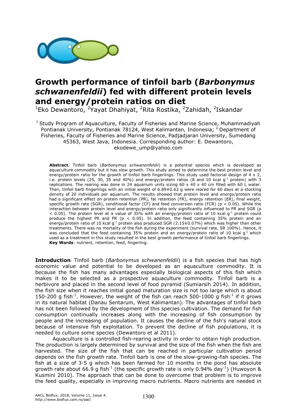 Growth Performance of Tinfoil Barb (Barbonymus Schwanenfeldii) Fed