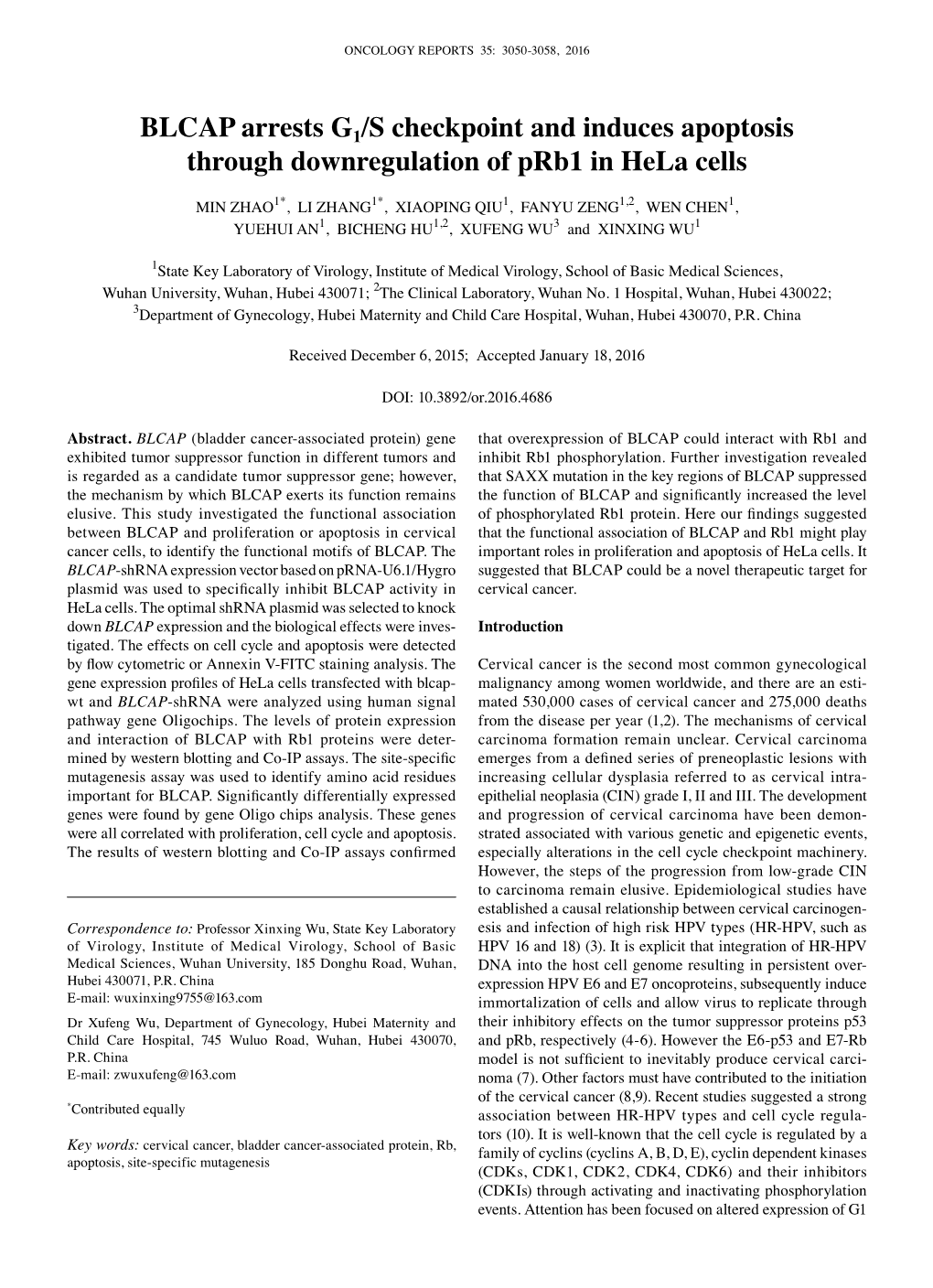 BLCAP Arrests G1/S Checkpoint and Induces Apoptosis Through Downregulation of Prb1 in Hela Cells