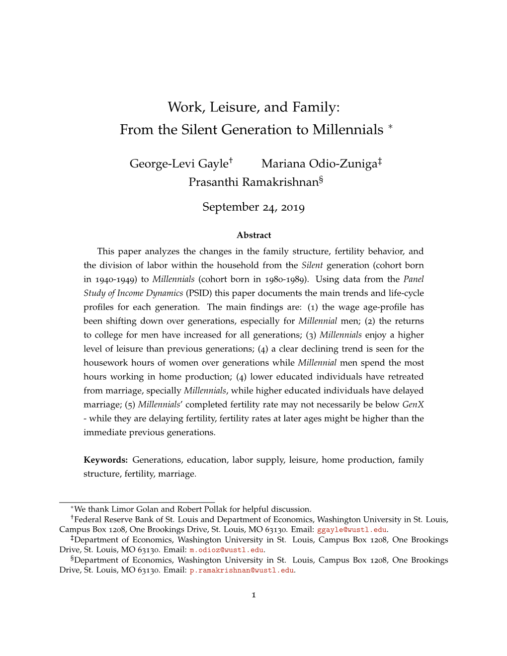 Work, Leisure, and Family: from the Silent Generation to Millennials ∗