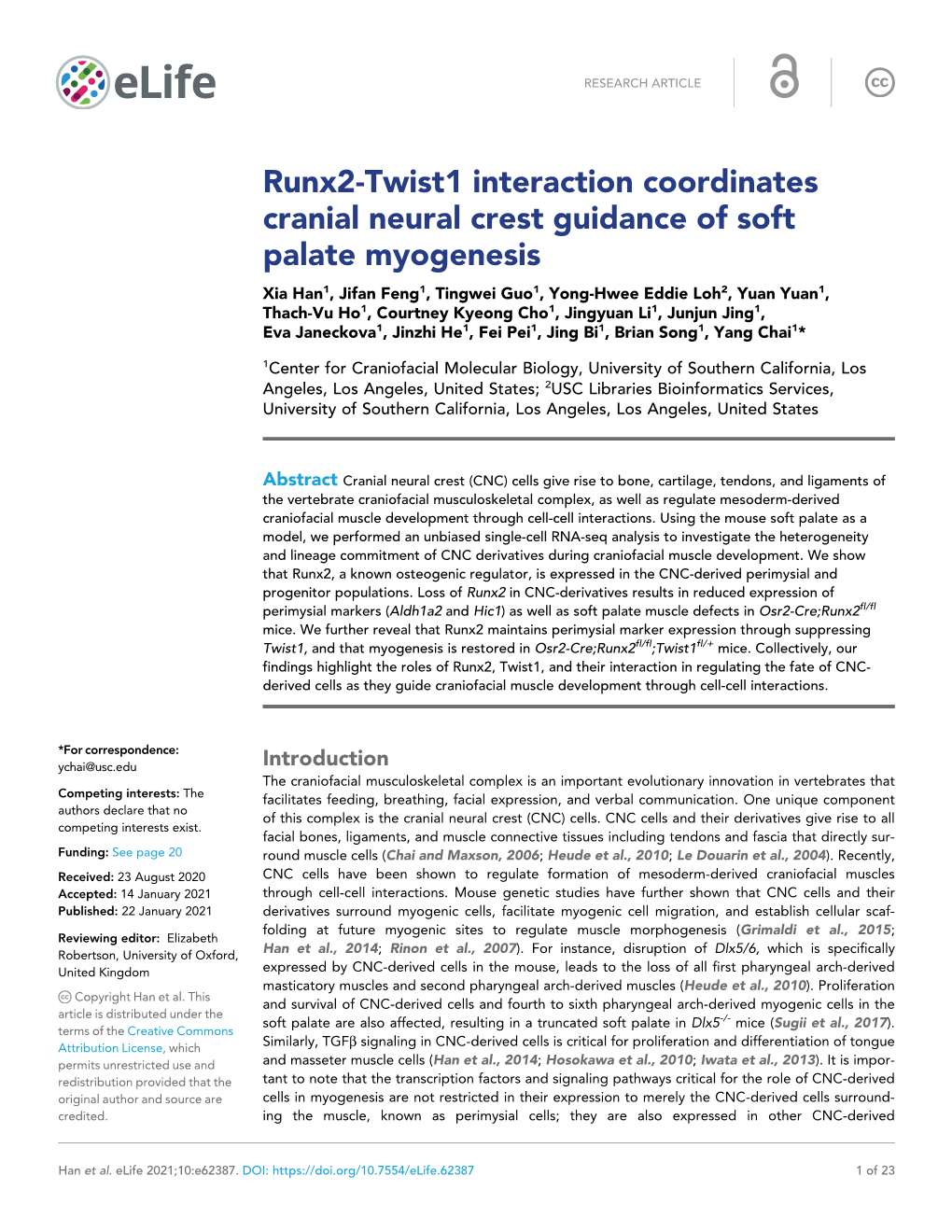 Runx2-Twist1 Interaction Coordinates Cranial Neural Crest Guidance of Soft Palate Myogenesis
