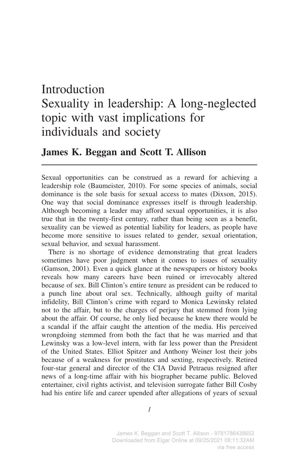 Introduction Sexuality in Leadership: a Long-Neglected Topic with Vast Implications for Individuals and Society James K