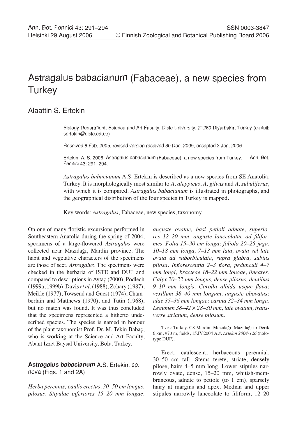 Astragalus Babacianum (Fabaceae), a New Species from Turkey