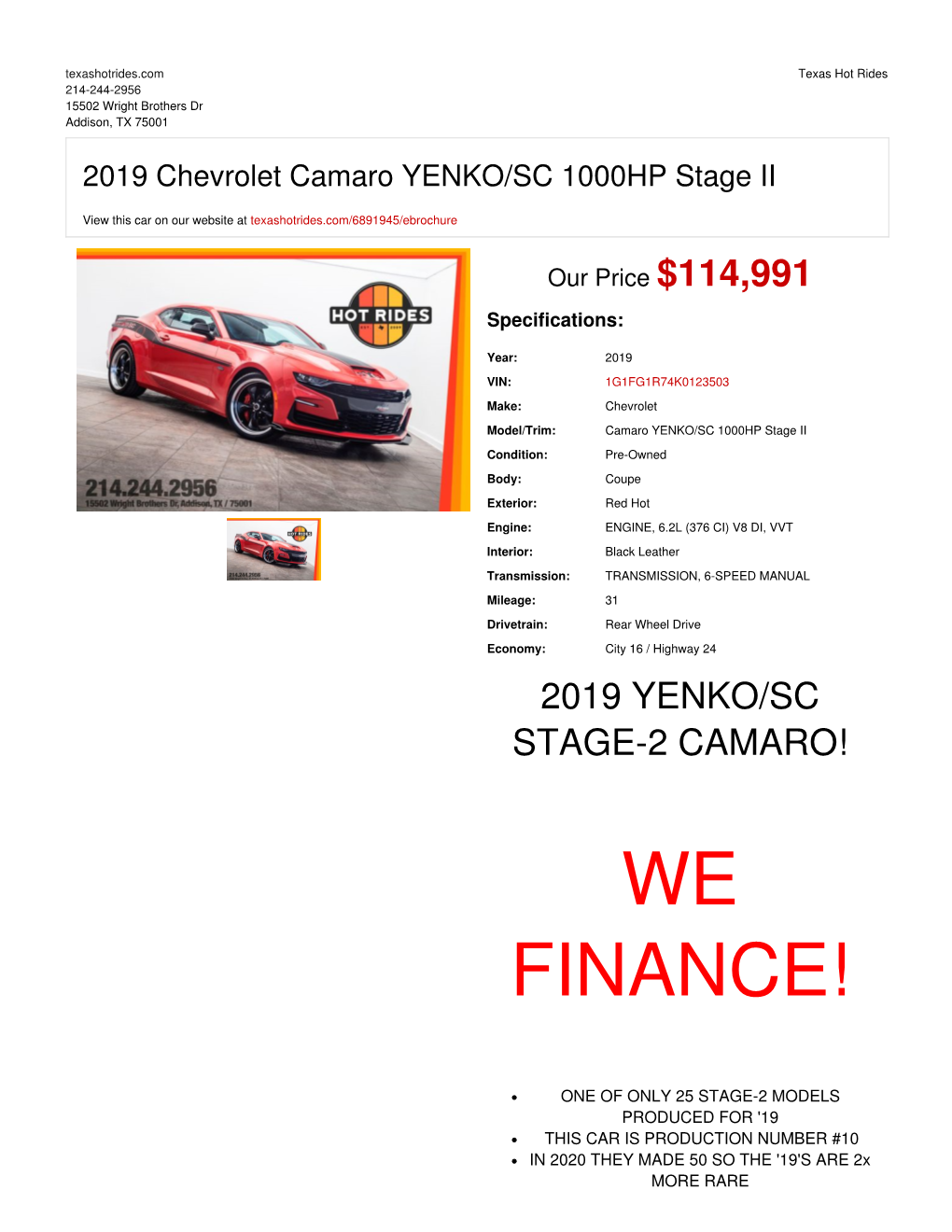 2019 Chevrolet Camaro YENKO/SC 1000HP Stage II