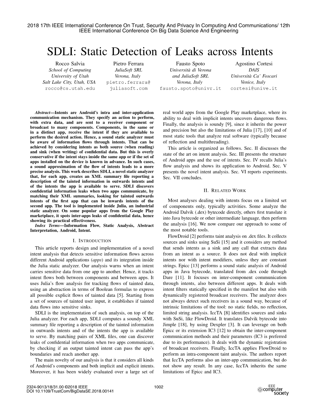 SDLI: Static Detection of Leaks Across Intents