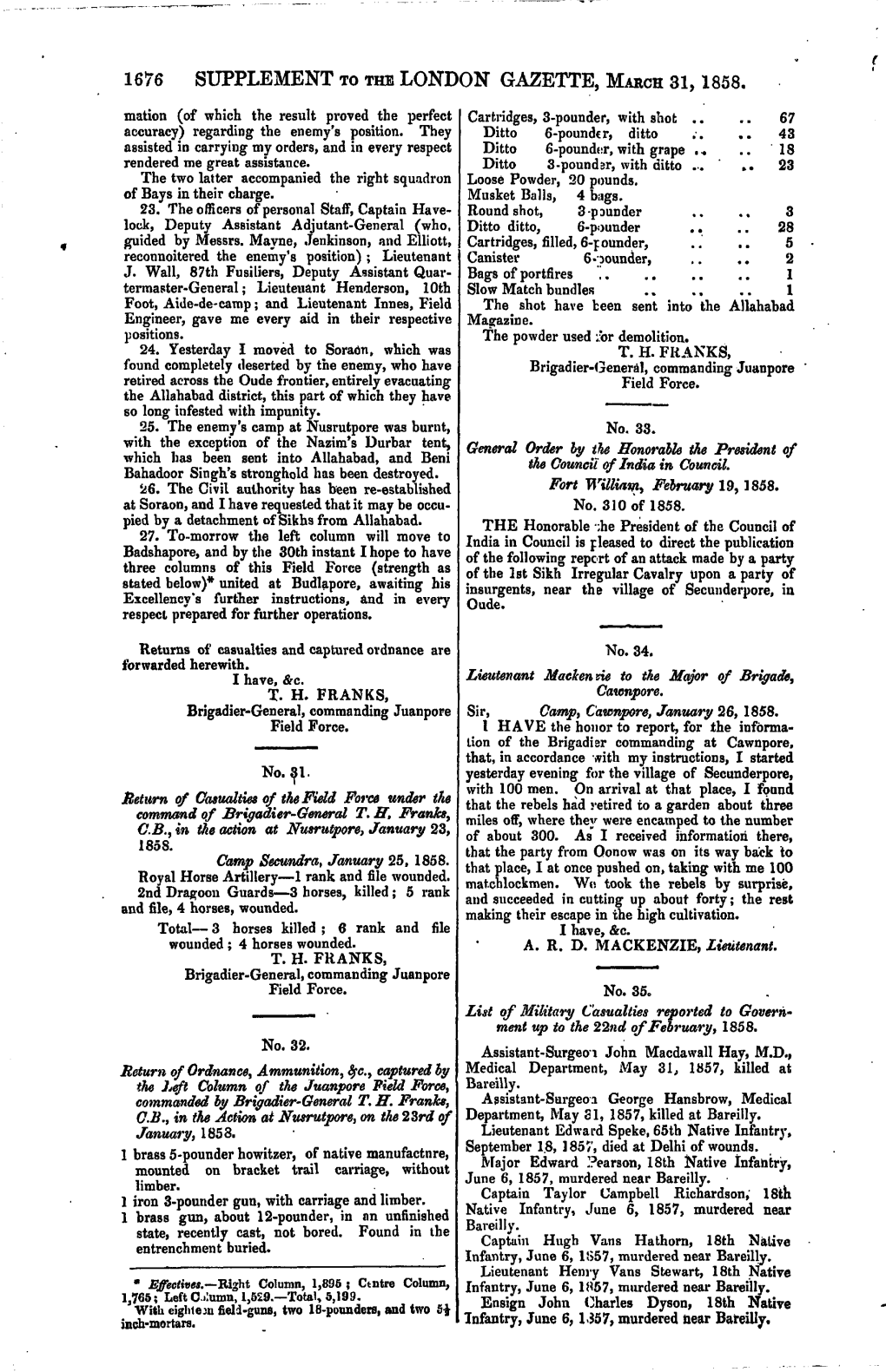 1676 Supplement to the London Gazette, March 31,1858