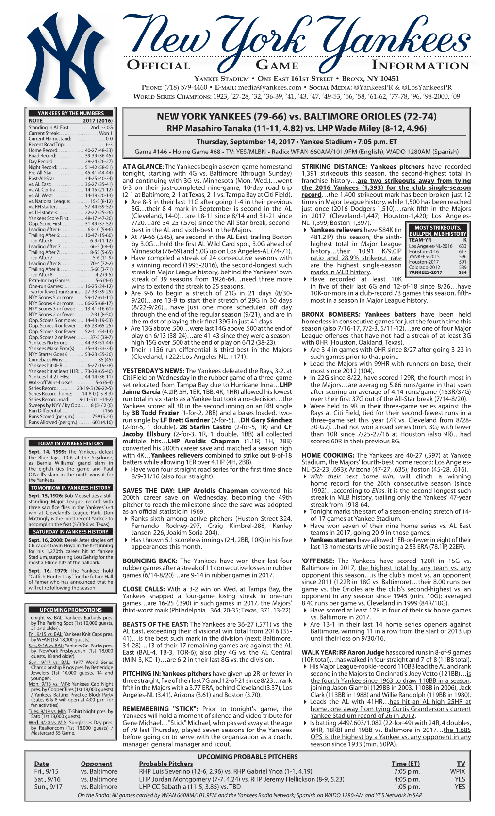 NYY Game Notes