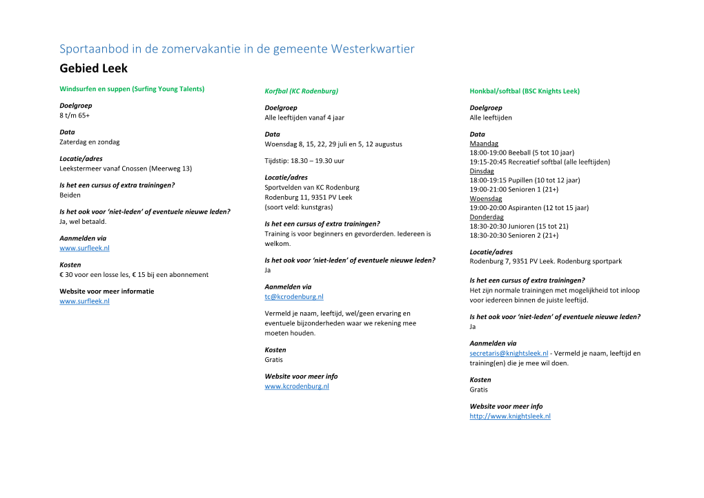 Sportaanbod in De Zomervakantie in De Gemeente Westerkwartier Gebied Leek