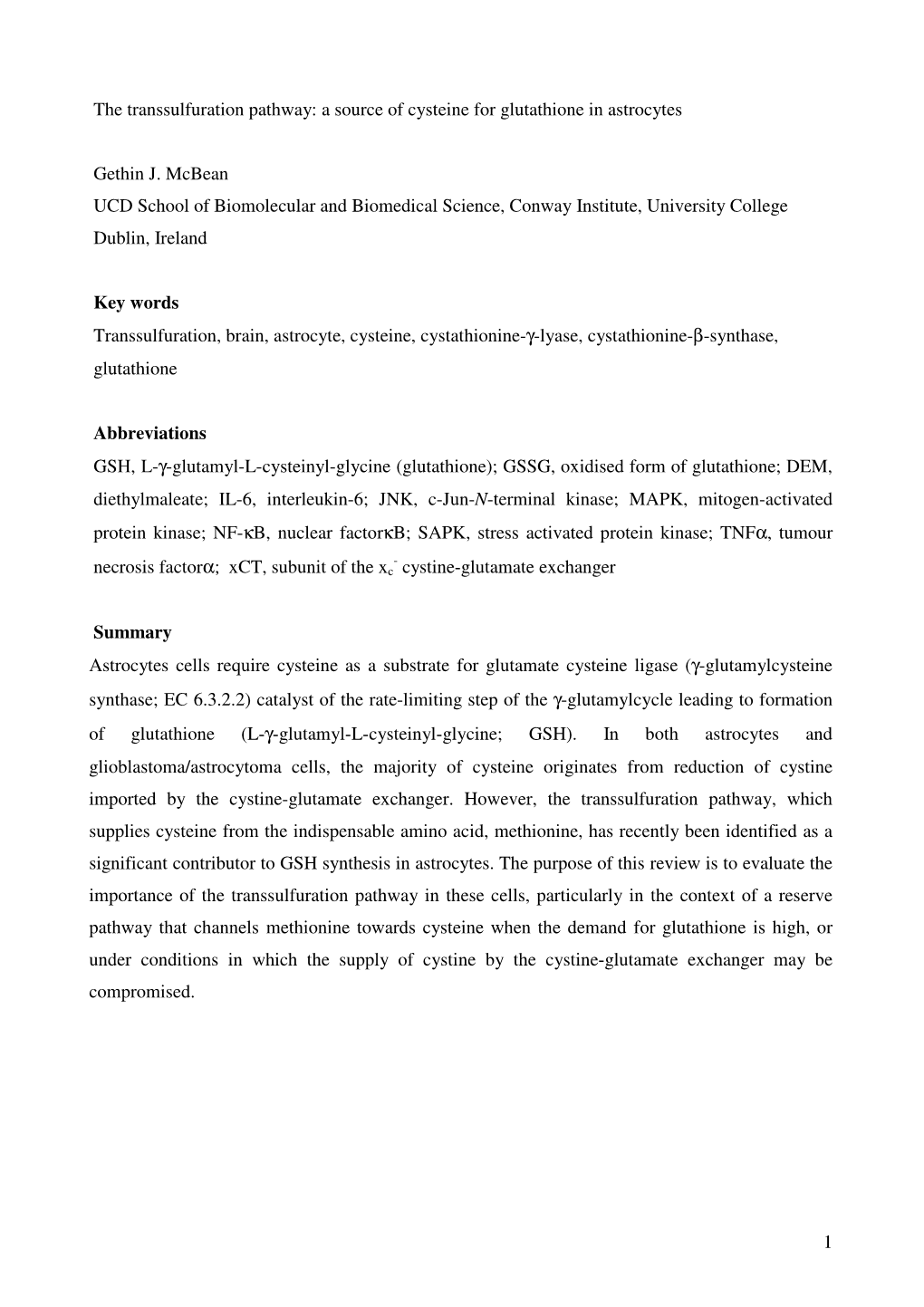 1 the Transsulfuration Pathway: a Source of Cysteine for Glutathione In