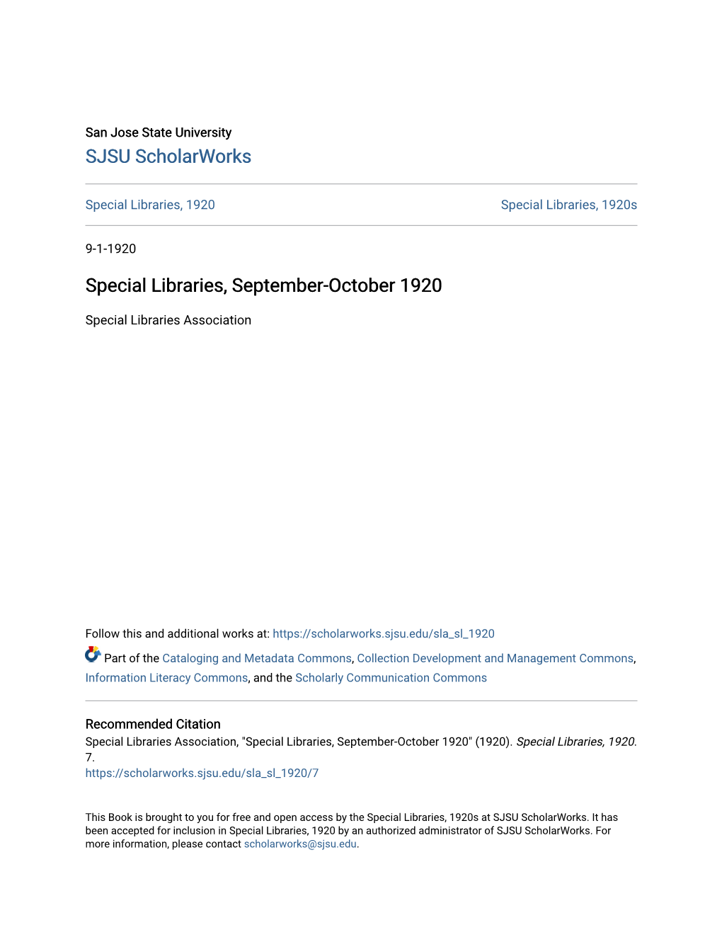 Special Libraries, September-October 1920