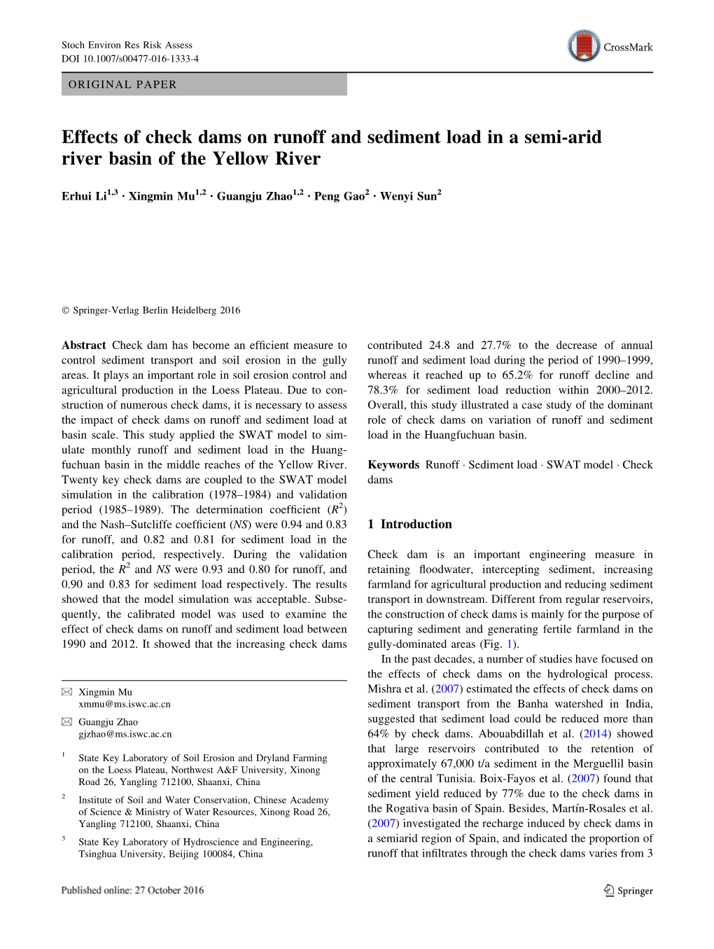 Effects of Check Dams on Runoff and Sediment Load in a Semi-Arid River Basin of the Yellow River