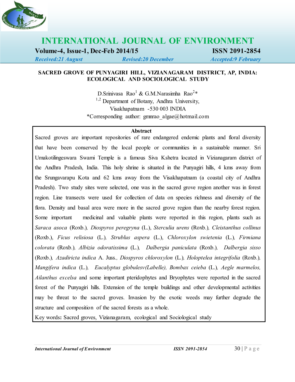 INTERNATIONAL JOURNAL of ENVIRONMENT Volume-4, Issue-1, Dec-Feb 2014/15 ISSN 2091-2854 Received:21 August Revised:20 December Accepted:9 February