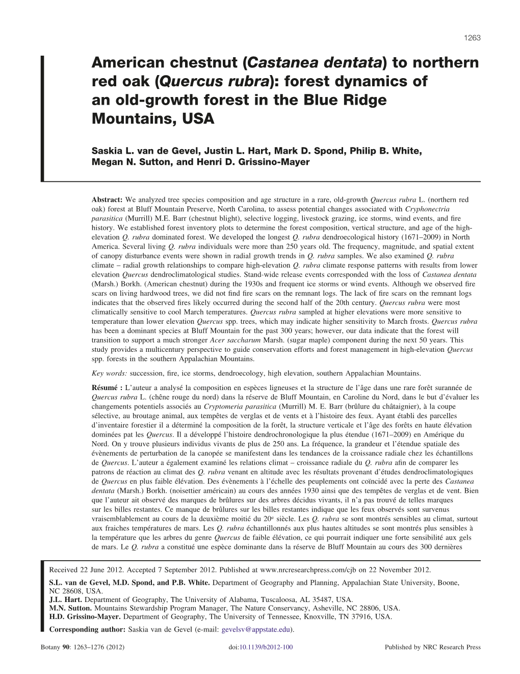 American Chestnut (Castanea Dentata) to Northern Red Oak (Quercus Rubra): Forest Dynamics of an Old-Growth Forest in the Blue Ridge Mountains, USA