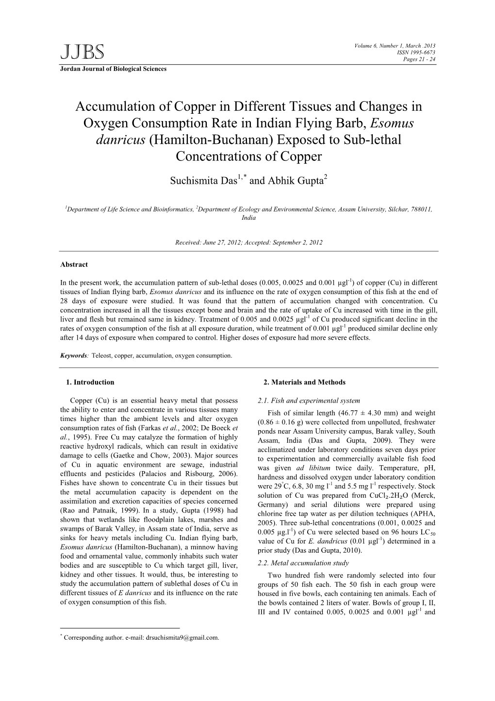 Accumulation of Copper in Different Tissues and Changes in Oxygen