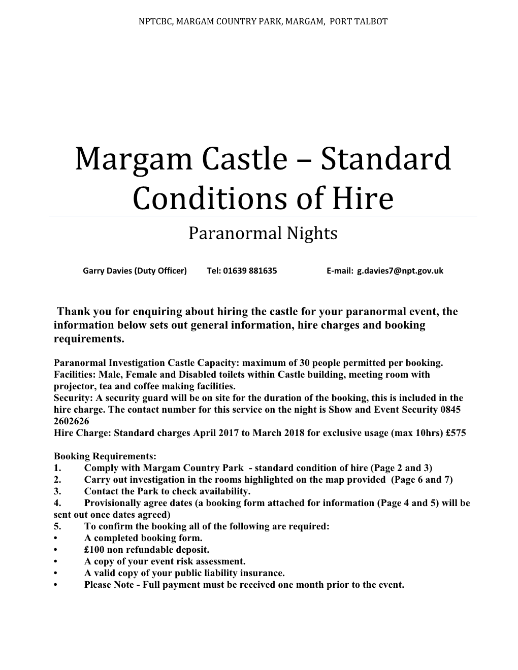 Margam Castle – Standard Conditions of Hire Paranormal Nights