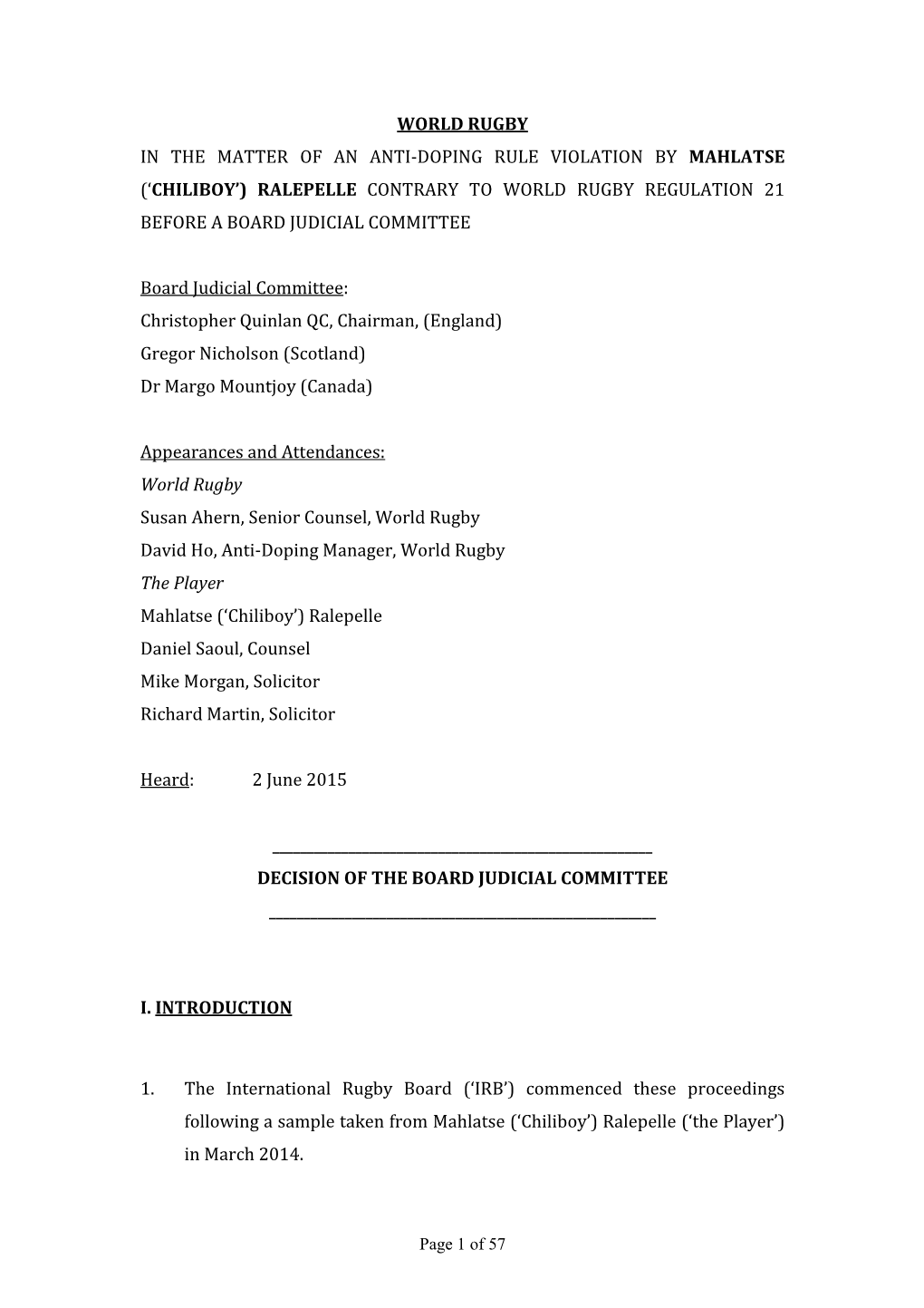 Chiliboy’) Ralepelle Contrary to World Rugby Regulation 21 Before a Board Judicial Committee