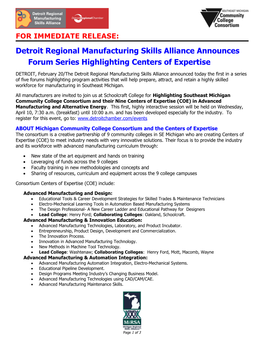 The Detroit Advanced Manufacturing Regional Skill Alliance Is a Project Administered And