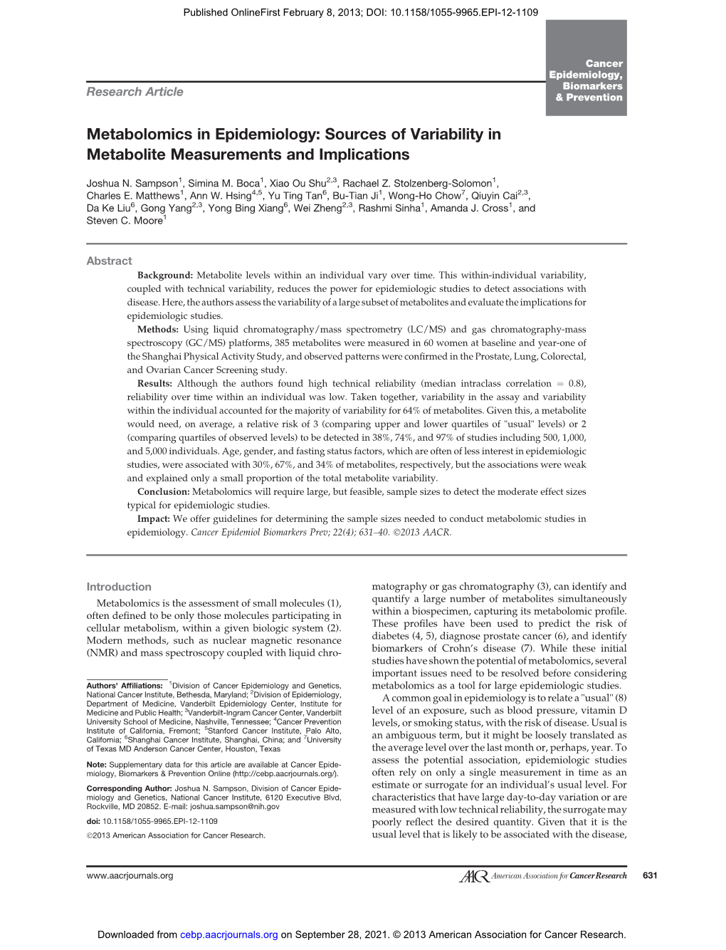 Metabolomics in Epidemiology: Sources of Variability in Metabolite Measurements and Implications