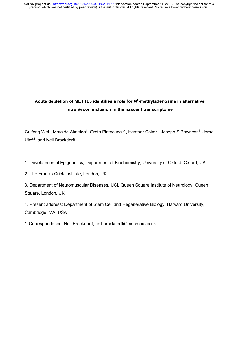 Acute Depletion of METTL3 Identifies a Role for N6-Methyladenosine in Alternative Intron/Exon Inclusion in the Nascent Transcriptome