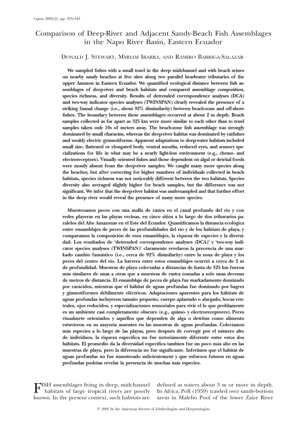 Comparison of Deep-River and Adjacent Sandy-Beach Fish Assemblages in the Napo River Basin, Eastern Ecuador