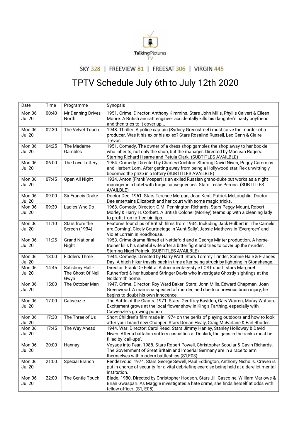 TPTV Schedule July 6Thto July 12Th 2020