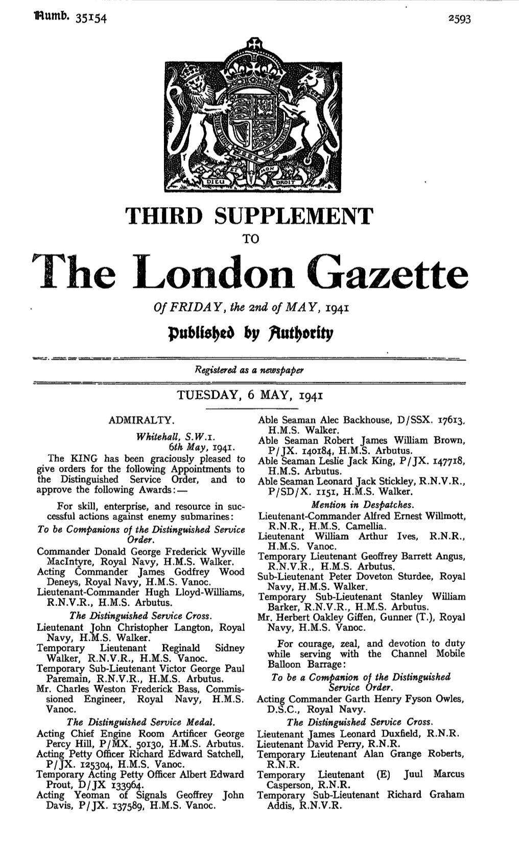 London Gazette of FRIDAY, the Znd of MAY, 1941 By