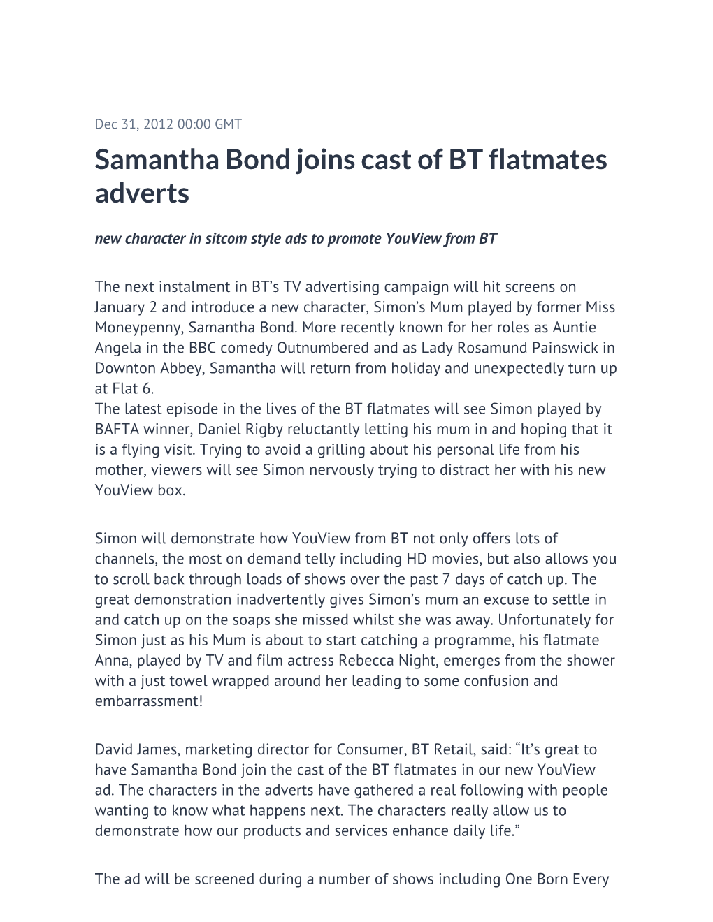 Samantha Bond Joins Cast of BT Flatmates Adverts New Character in Sitcom Style Ads to Promote Youview from BT