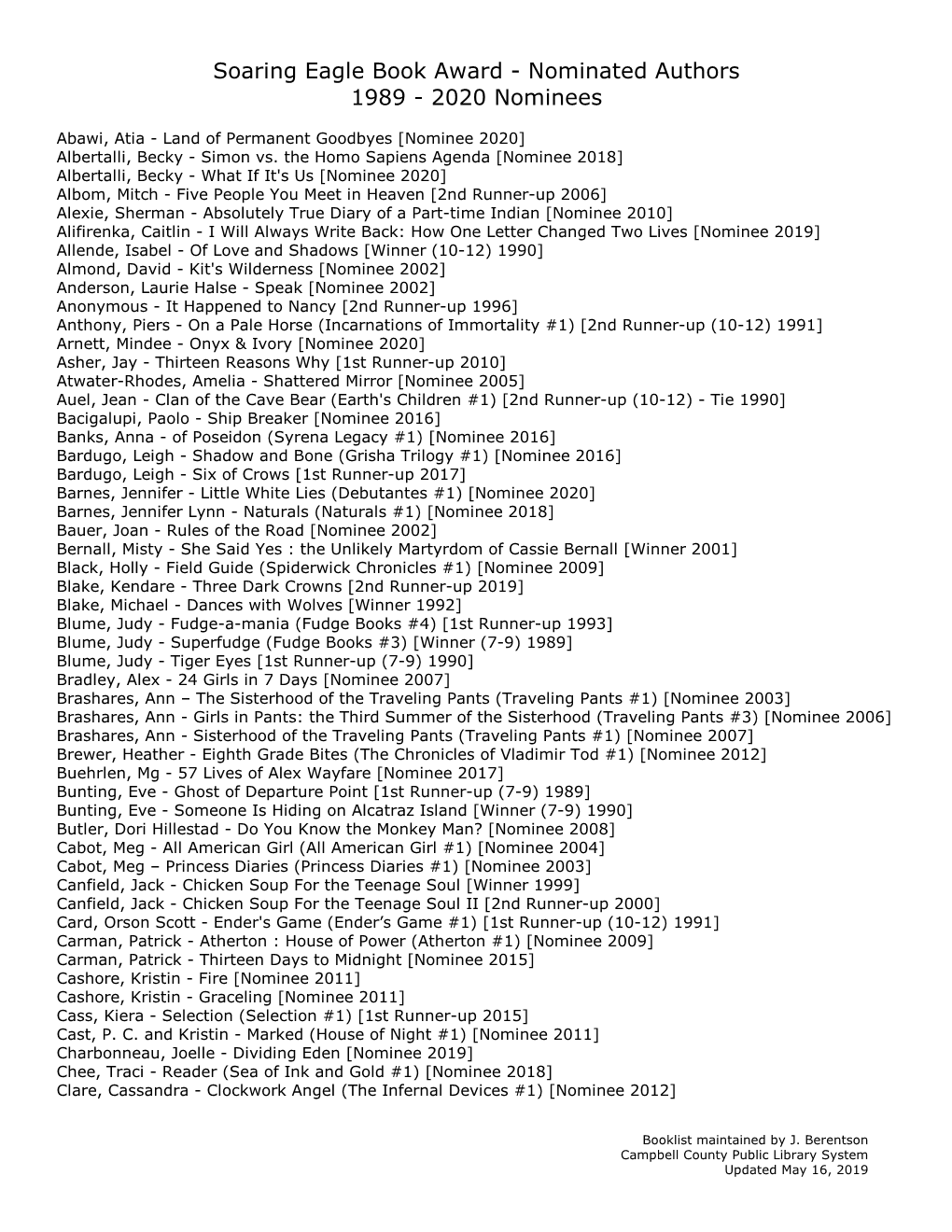 Soaring Eagle Book Award - Nominated Authors 1989 - 2020 Nominees