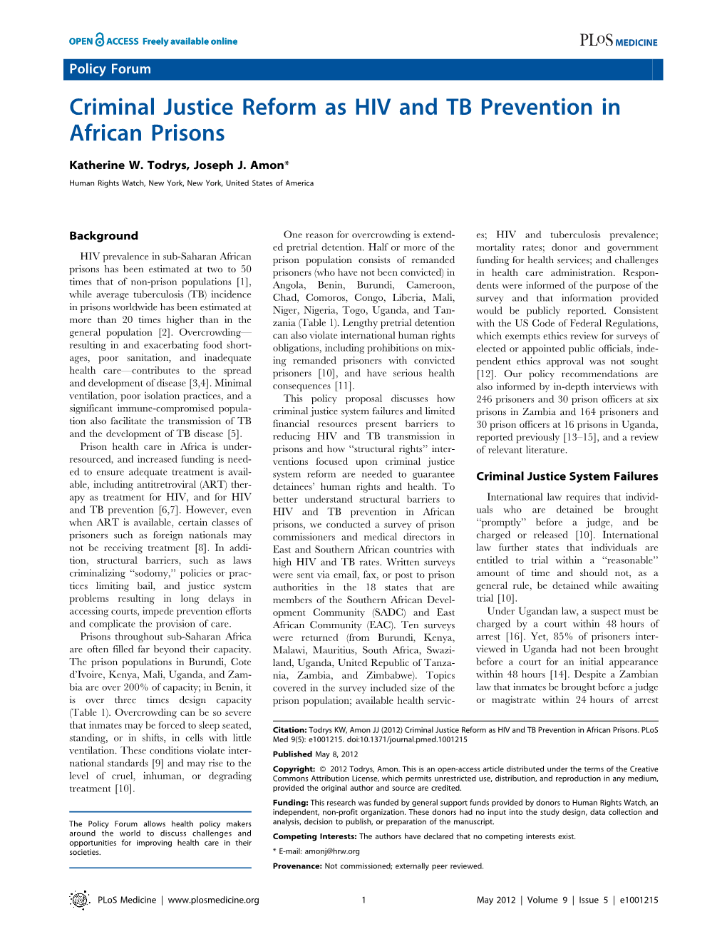 Criminal Justice Reform As HIV and TB Prevention in African Prisons