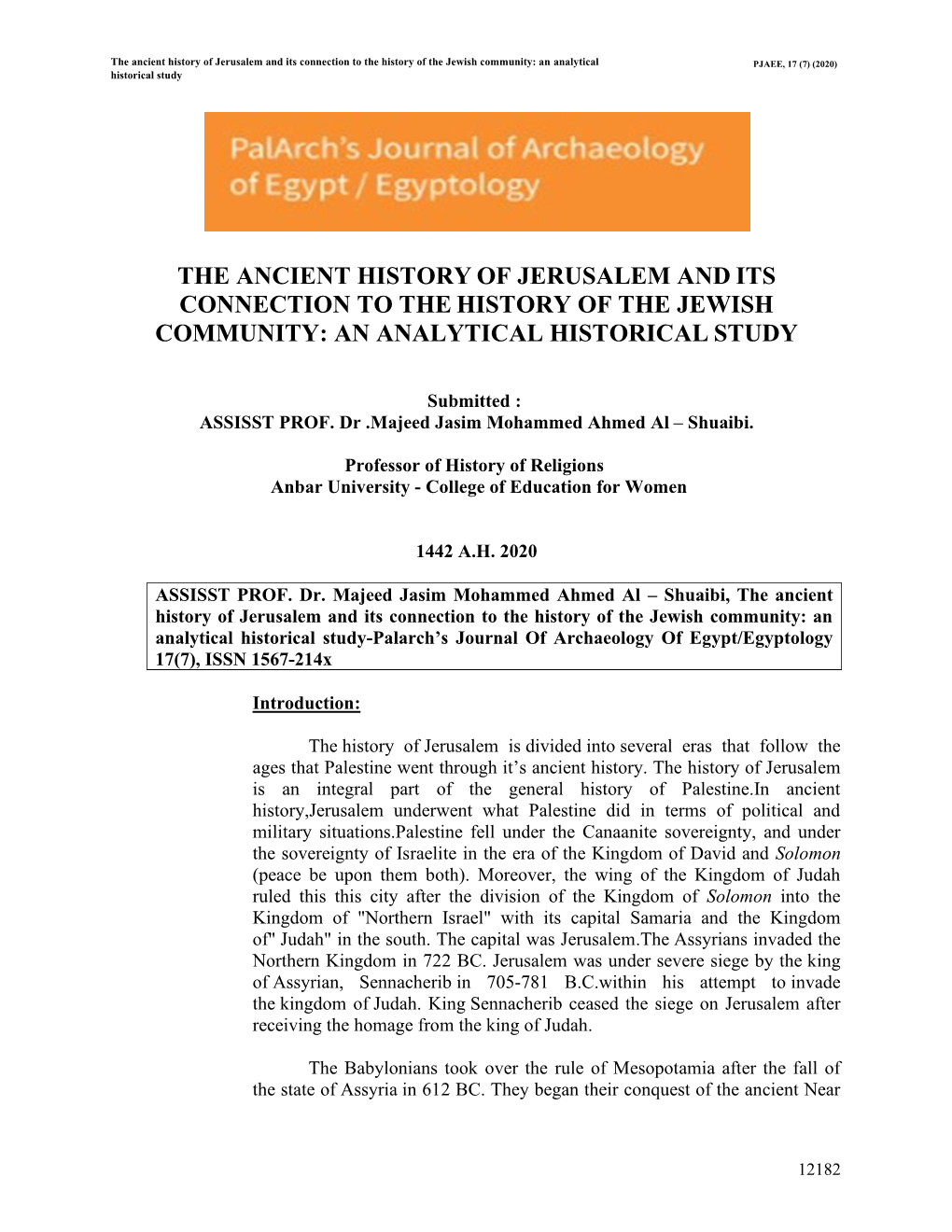 The Ancient History of Jerusalem and Its Connection to the History of the Jewish Community: an Analytical PJAEE, 17 (7) (2020) Historical Study