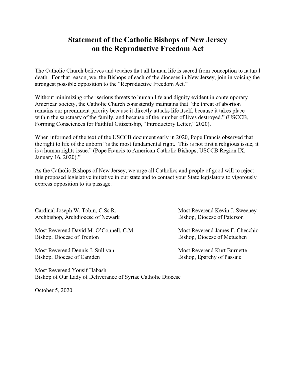 NJ Bishops Statement on the Reproductive