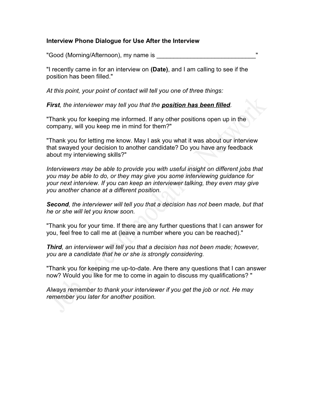 Interview Phone Dialogue for Use After the Interview