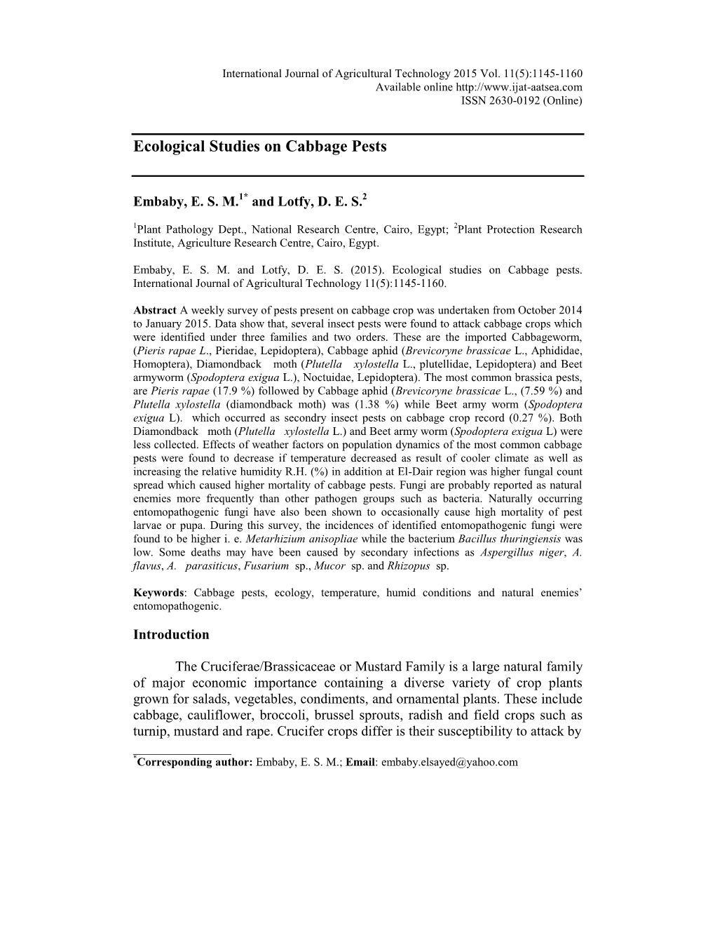 Ecological Studies on Cabbage Pests