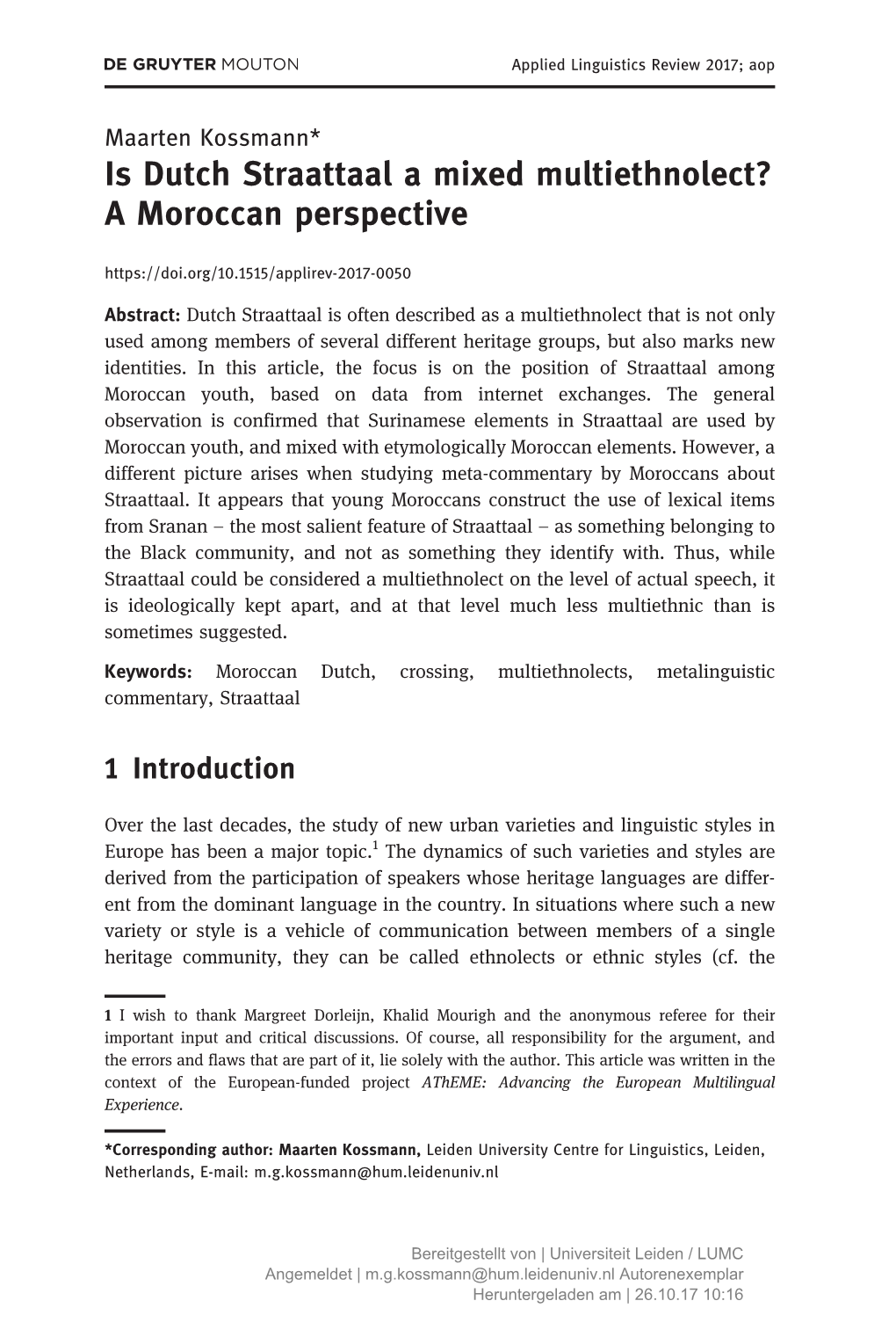 Is Dutch Straattaal a Mixed Multiethnolect? a Moroccan Perspective