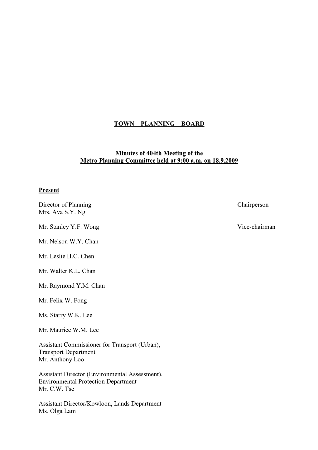TOWN PLANNING BOARD Minutes of 404Th Meeting of the Metro